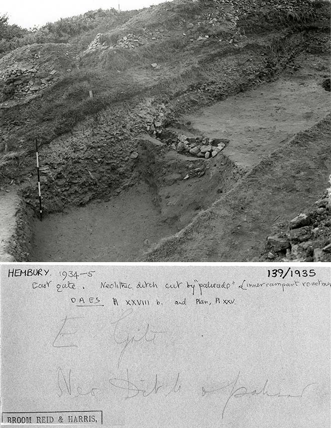 East Gate with Neolithic ditch cut by 'palisade' ,Hembury Fort, Devon1934-5