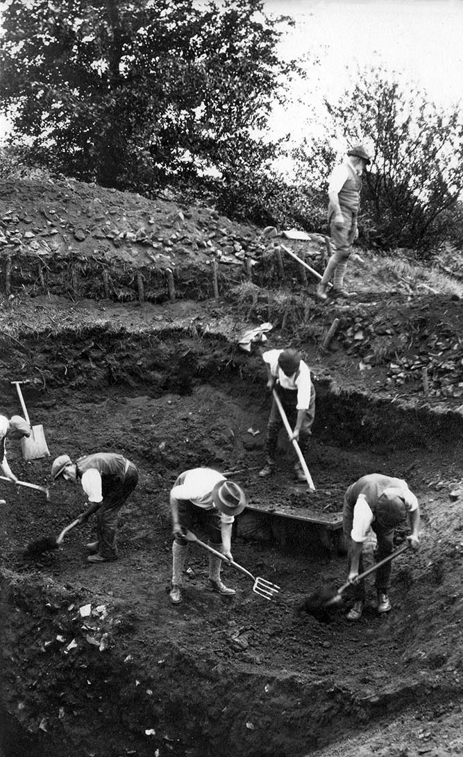 Spoil from the Iron Age ditch, cutting IV, so deep being removed in four stages, Hembury, Devon 1930