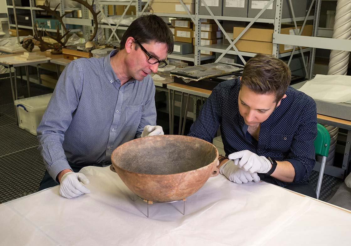 Tom Cadbury and Jim Causley examing the Gabbro bowl from Hembury 2016