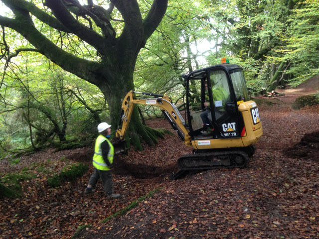 DCC archaeologist working with the digger man sorting the parish boundary ditch out
